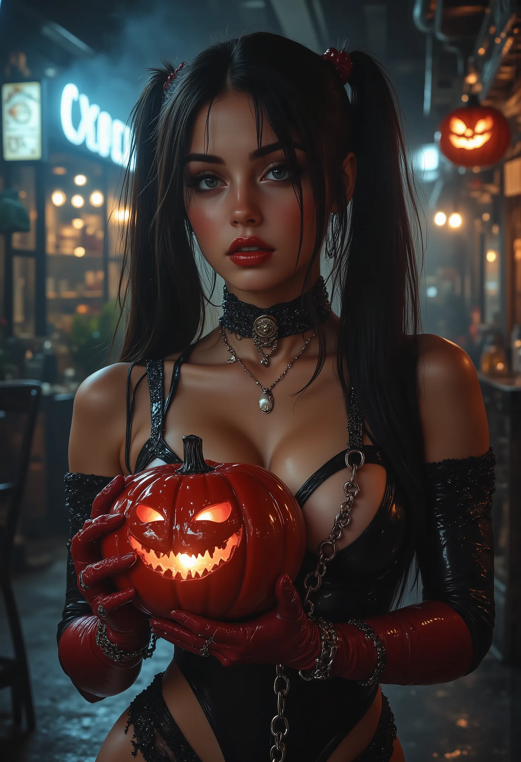 1 girl ultra skinny anorexic scandinavian korean teen girl , (( holding a small red shiny plastic jack o lantern )), (cumface gi...