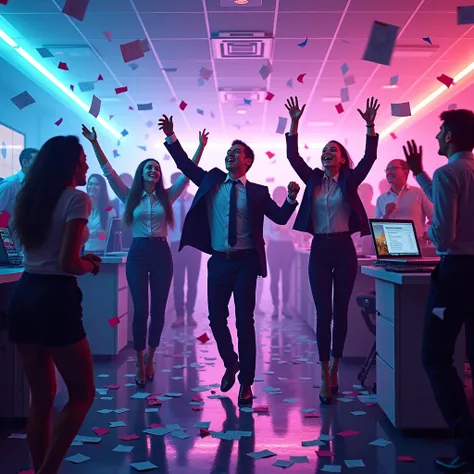 an energetic and chaotic office environment transformed into a vibrant party scene. employees in formal attire are dancing, with...