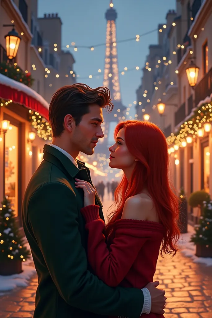 create a couple's image in the christmas setting in paris: the woman with straight red hair and the man with low hair