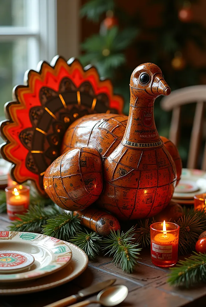 turkey on a christmas table made from bottles of beer