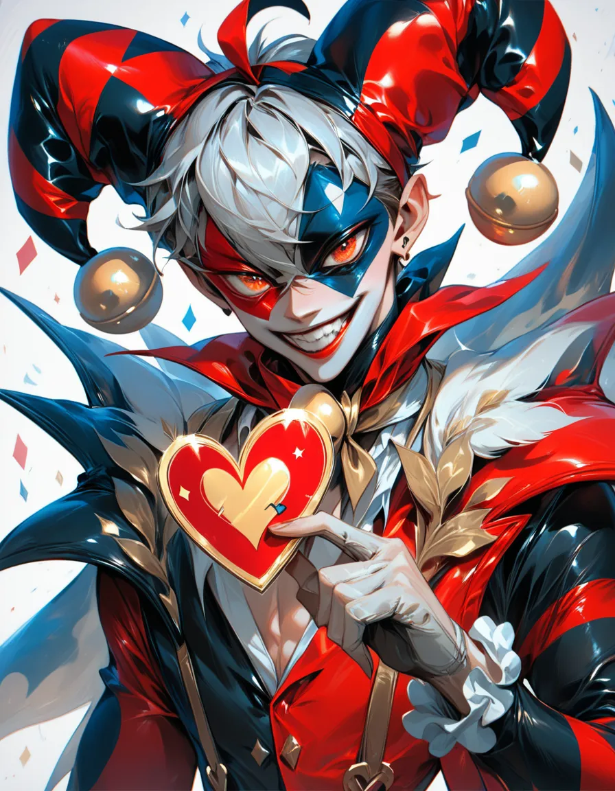 playing card image with symetrical flip, A whimsical jester with a flowing patchwork cape of heart patterns. He balances a flami...