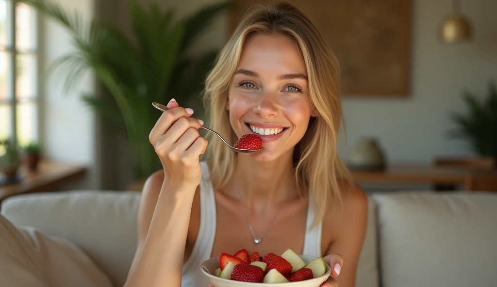 a cinematic ultra-realistic photo of a blonde woman sitting comfortably on a sofa, holding a bowl filled with fresh fruits such ...