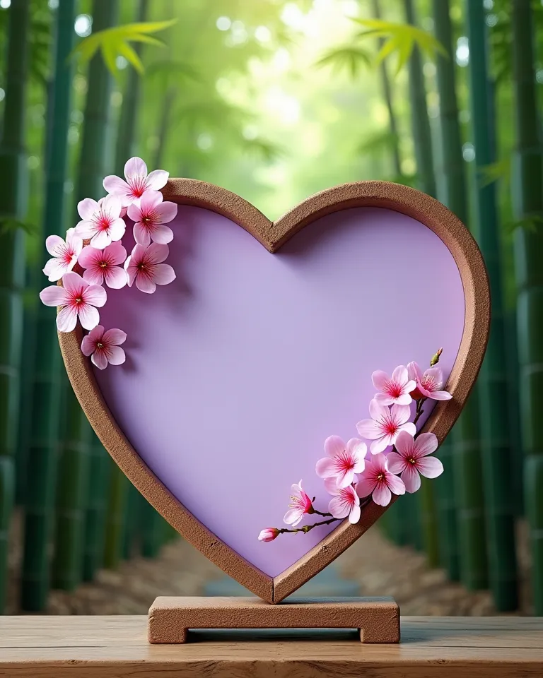 front view of a huge heart-shaped purple frame, standing on a wooden board, with the inner edges of the frame dotted with bloomi...