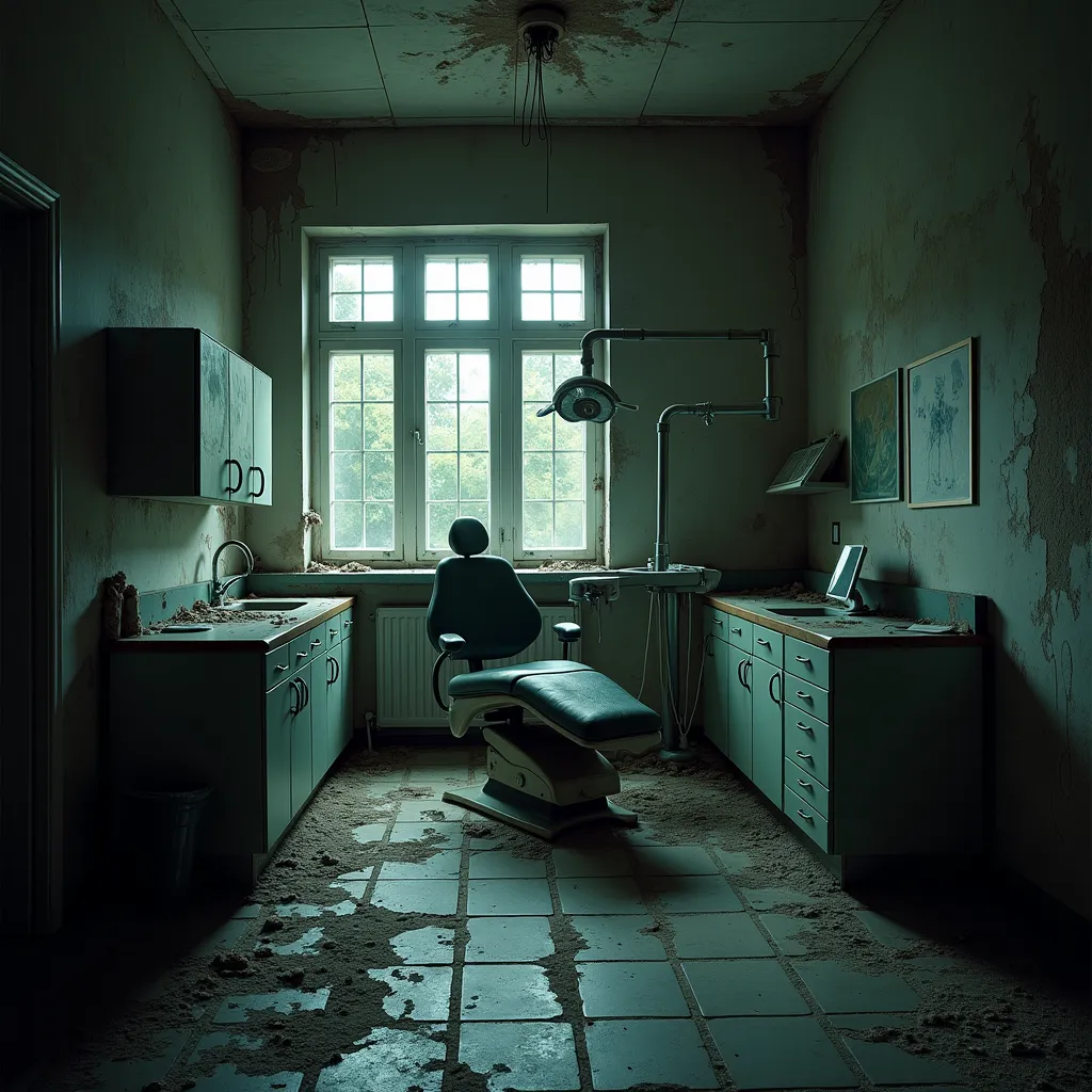 office ,  office  de dentista todo destruído, abandoned, everything old ,  old and dark , total realism! dark and gloomy, dark