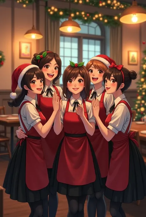 a group of cafe waiter and waitress wish you a merry christmas together on cafe and