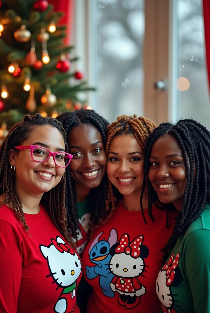 a hyper-realistic image of four plus-size african american women in a festive christmas setting with a decorated tree and snow o...