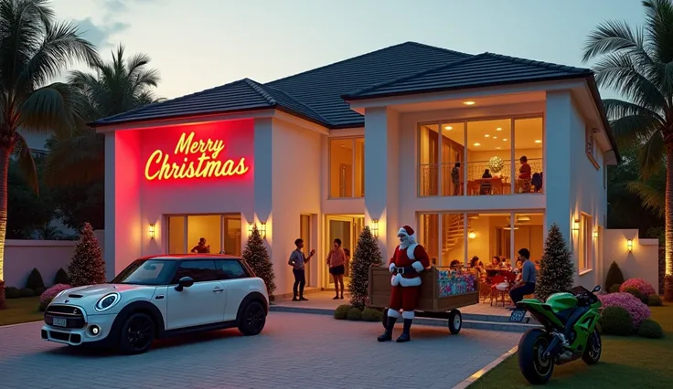 [Photorealism: Cinematic] A ren Xmas party on a modern architecturally designed luxurious white bungalow in Jos, Nigeria with la...