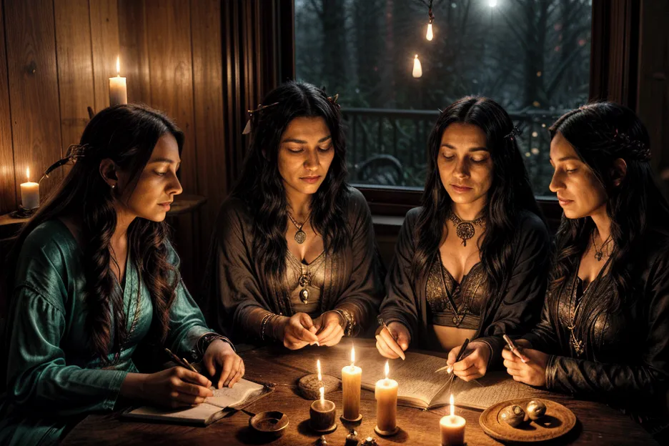 a mystical gathering of three powerful women, a psychologist with a notebook and pen, a shaman with feathers and crystals, and a...