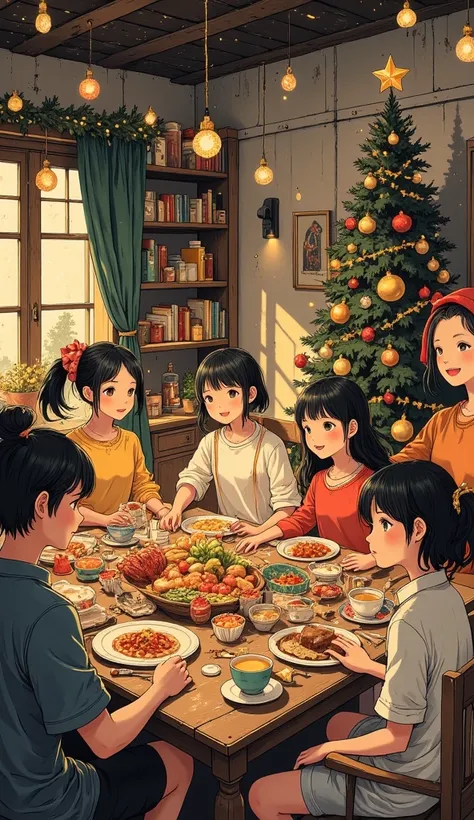 a big family is celebrating christmas at their house.
with christmas effects .
 a table full of christmas food .
the happy and s...