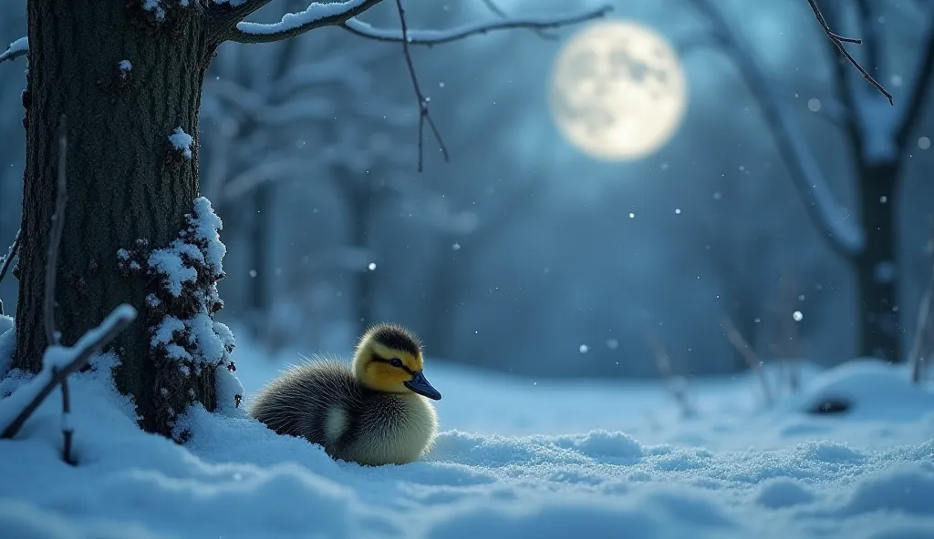 "a frosty winter night under a silver moon, with snow blanketing the ground and branches of bare trees. a small duckling sits sh...