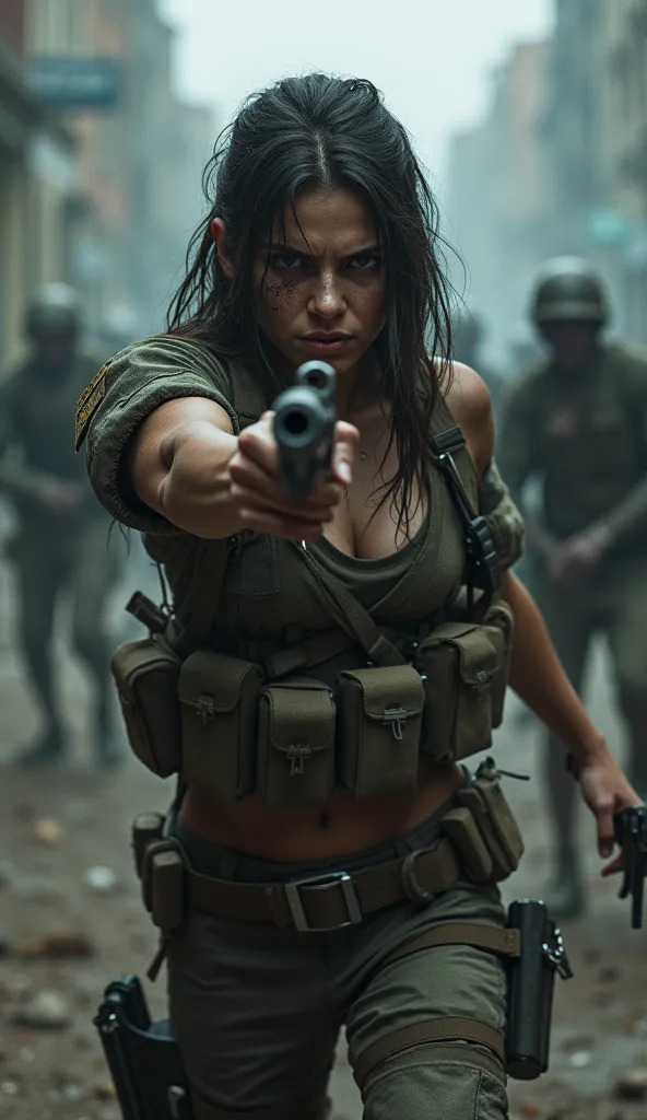 female soldier kills zombies with a shotgun in one hand and a revolver in the other