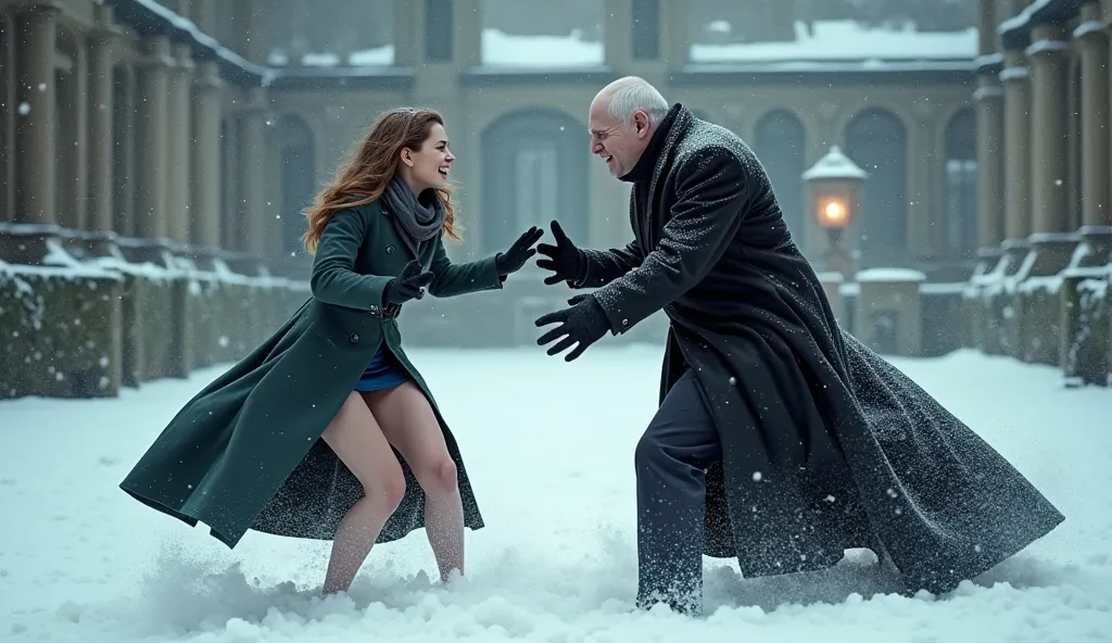 emma watson, hermione granger, dark lord voldemort is casting a blizzard spell, hermione is facing voldemort but cannot match hi...