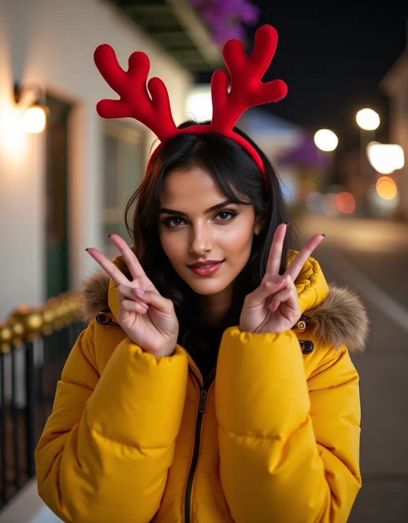 photograph, young woman, standing outside at night, cute pout face, wearing a bright yellow puffer jacket, red reindeer antlers,...