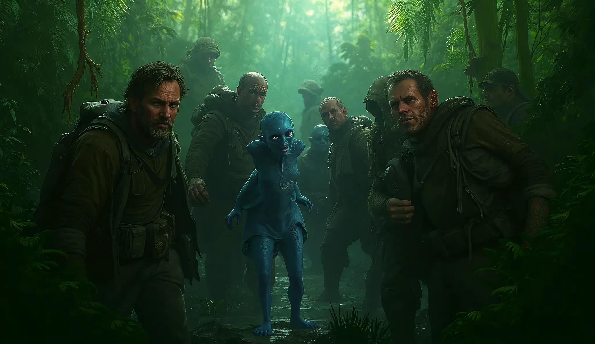 realisic image of team of human mans found a blue alien girl which is in turble in jungle