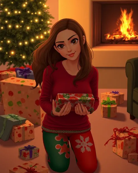 Cute long haired brunette 18 year old, kneeling in a living room in front of the Christmas Tree, holding up a package wrapped in...