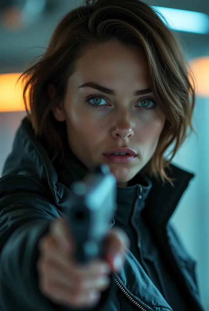 a cinematic sci-fi close-up portrait  of a, with scifi eye gear, beautiful and action with gun in her hand , woman wearing sci f...