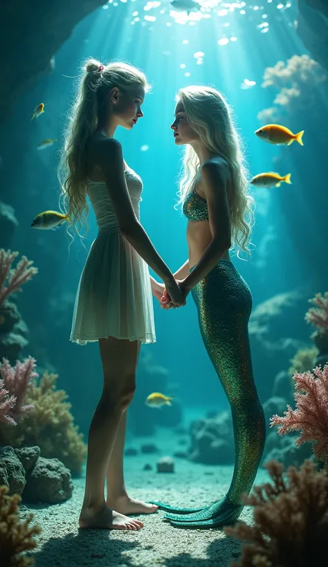 "the transformation completes, and now in the aquarium, stands a girl with a blend of human, fish, and mermaid features. her fac...