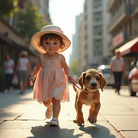 extremely hyper realistic ultra natural photo of a baby dressed in a light pink dress and matching hat, walking along the city s...