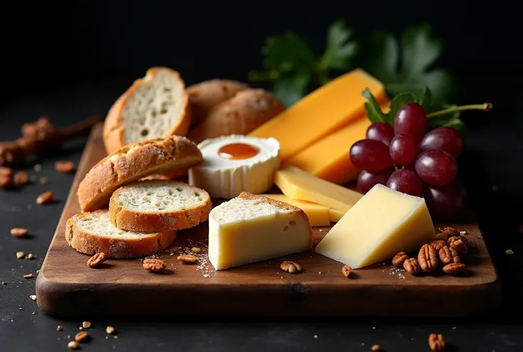 "craft a rustic arrangement of assorted cheeses, crusty bread slices, grapes, nuts, and honey drizzle placed on a wooden board. ...