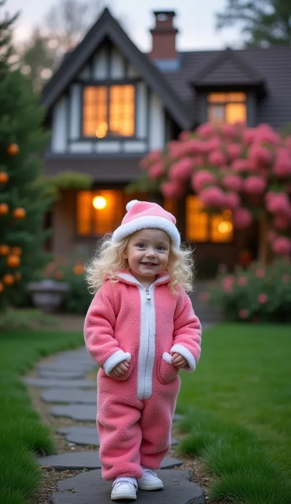 an adorable baby with bright blue eyes ,  long hair, blond and curly, is standing on the lawn , smiling happily.  she wears a cu...