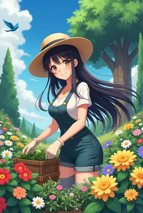 one girl, clothes to take care of the garden,  straw hat , wearing gloves,  long black hair ,  big breasts ,  beautiful, well-gr...