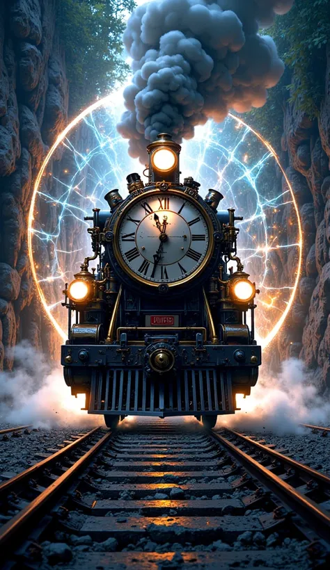 a steam train leaving a portal .  the train has a clock on its front .  the portal from which it exits is magical and shines bri...