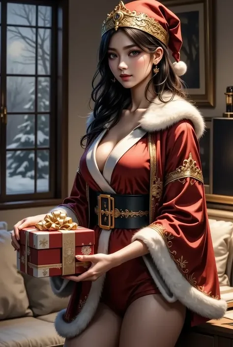 Santa Claus woman 、Put on the big golden bell、 handing out presents 、On the night when a good went to sleep 、