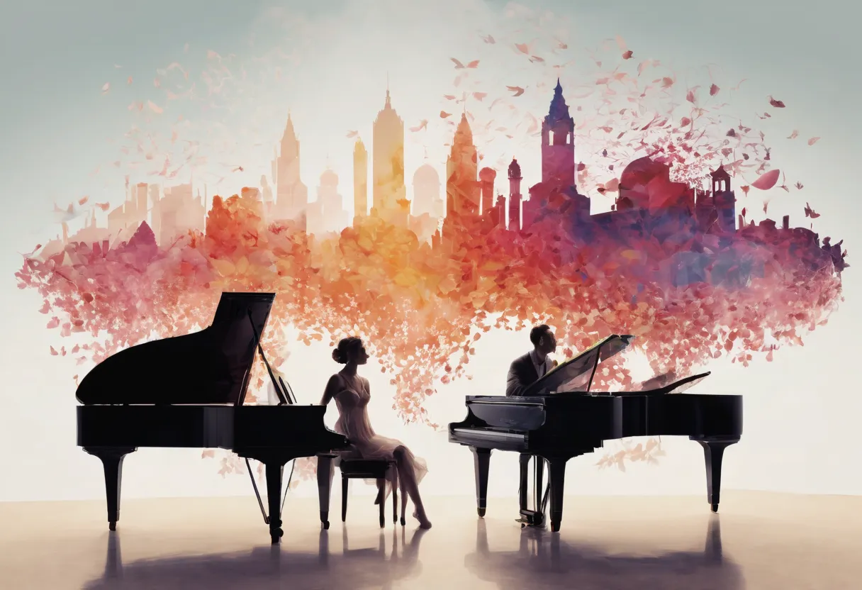 silhouettes of a man and a woman singing pop music together, standing on a piano set within an opera-inspired scenery. the desig...