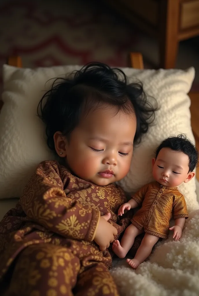 make a black-haired baby wear traditional javanese clothing in the form of brown and gold batik,  sleeping on a pillow with open...