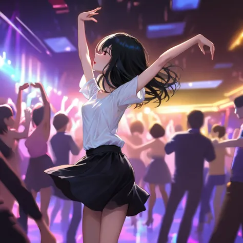 rear view, 1girl, young adult korean female, ((dancing in crowded nightclub)), slim figure, (knee-length simple black cotton ski...