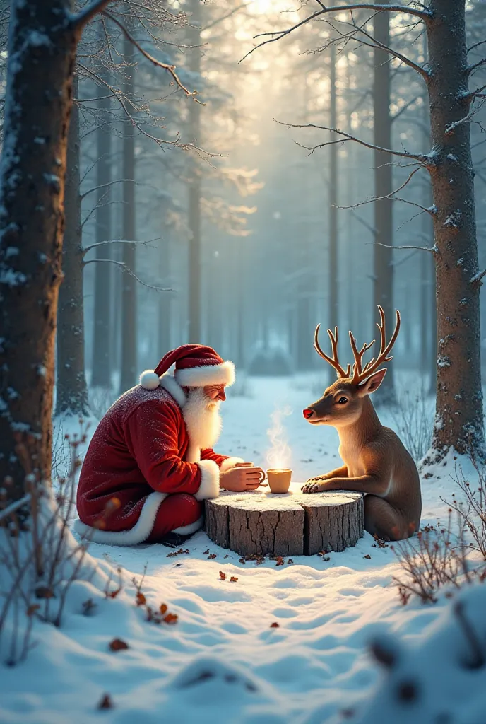 in the middle of a silent forest ,  blanketed in white snow glittering in the gentle rays of the winter sun , santa claus duduk ...