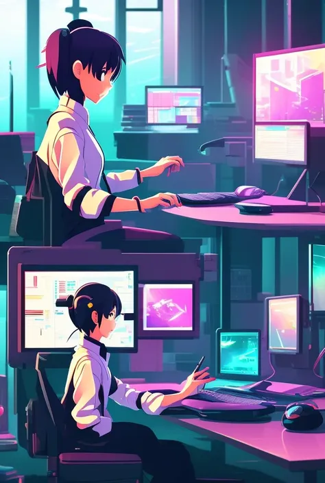 create a high-resolution artwork of a cyberpunk girl designing at a computer in a room full of gadgets. the design should featur...