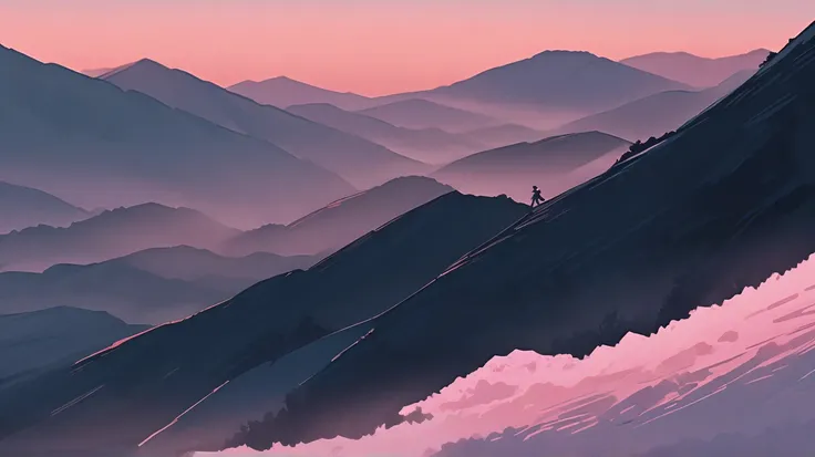 long shot of the protagonist climbing a steep mountain path at dawn. the sky transitions from dark blue to soft pink.