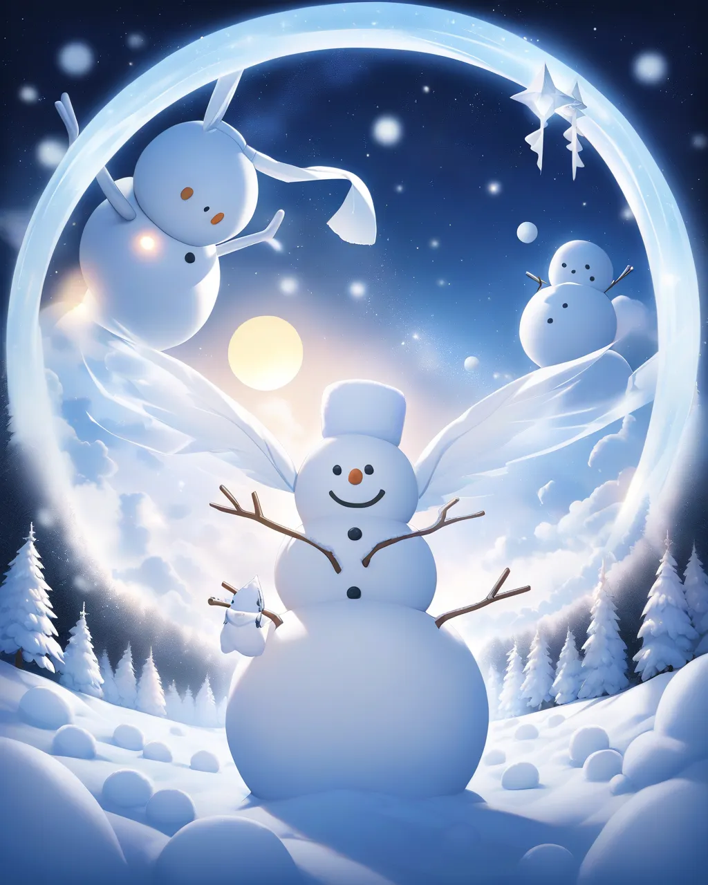 snowman，moon，night sky dreams，comfortable，unzip, use snow magic, white magic