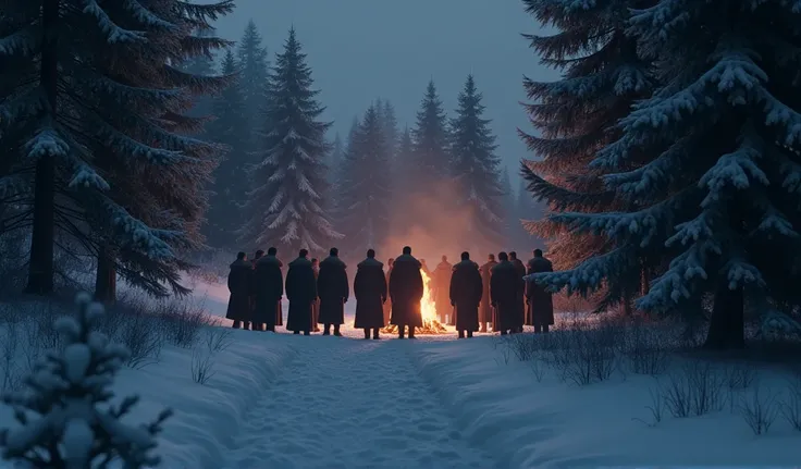 at the end of the path in the night winter spruce forest, you can see in the distance 12 silhouettes of men in long fur coats ar...