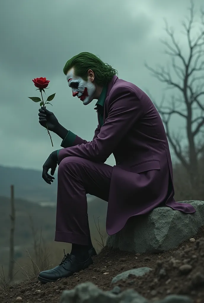 make an image of the joker sitting on a rock looking in your left hand at a wilted rose with a sad look.