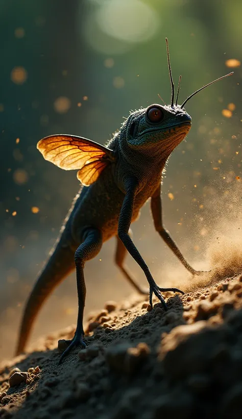 “create a very realistic and dramatic illustration of how a wild mosquito on the back of a hungry wall lizard, angers each other...