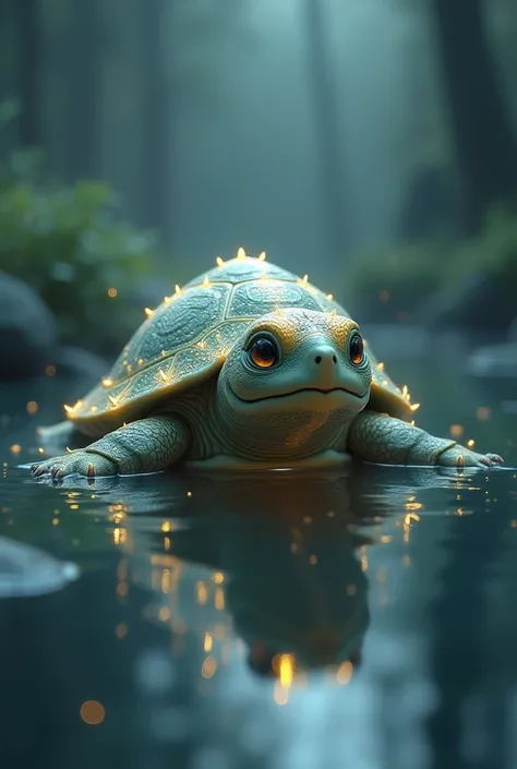 3d image gerneta magical turtle emerging from the pond, glowing with an ethereal light, smiling at golu.