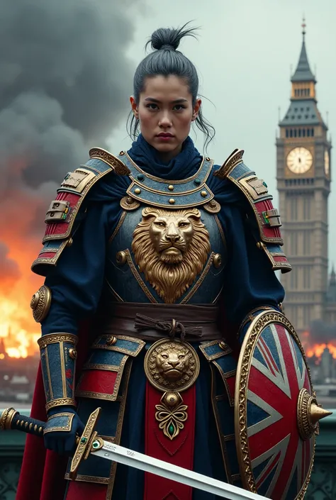 a hyper-realistic, cinematic 4k image of a samurai protector inspired by the rich heritage of the united kingdom, standing as a ...