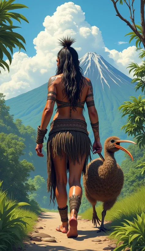 nova zelândia - kiwi gigante
"illustrate an ultra-realistic maori warrior woman walking forward with striking moko tattoos adorn...