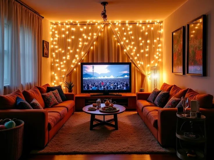 the furniture in a living room had been pushed to the side, replaced with a pile of boho-printed pillows and cushions on the flo...