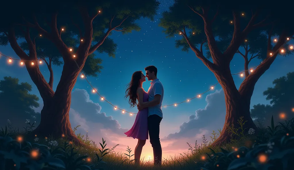 a couple standing under a starlit sky, illuminated by soft fairy lights, surrounded by nature. the serene environment reflects t...