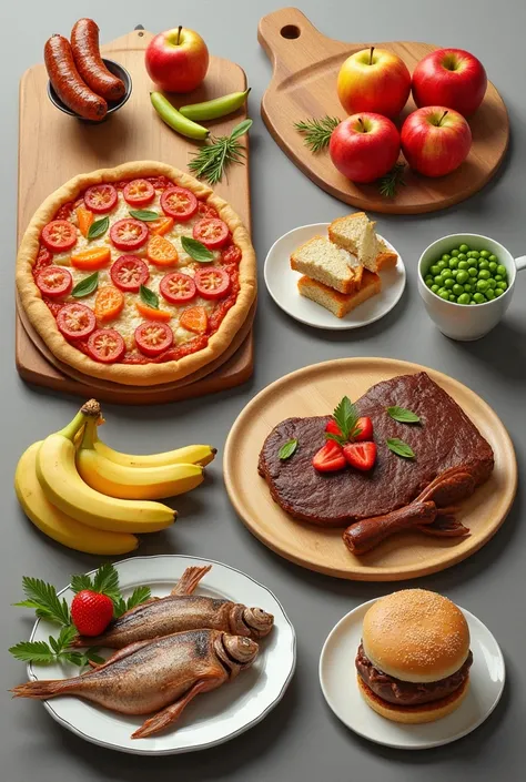 painted product display: pizza on the board ,  three sausages on a plate ,  two carrots on a plate ,  a cup with a slide of peas...