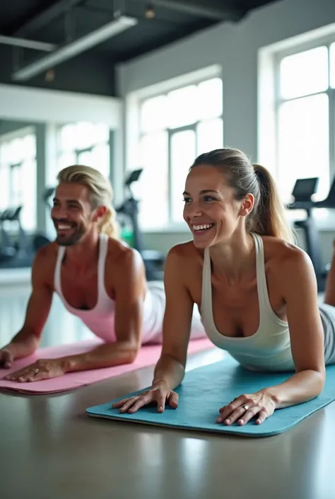 prompt para sea art:
"a heterossexual white couple, approximately 30 years old, exercising together at a modern gym. they are pe...