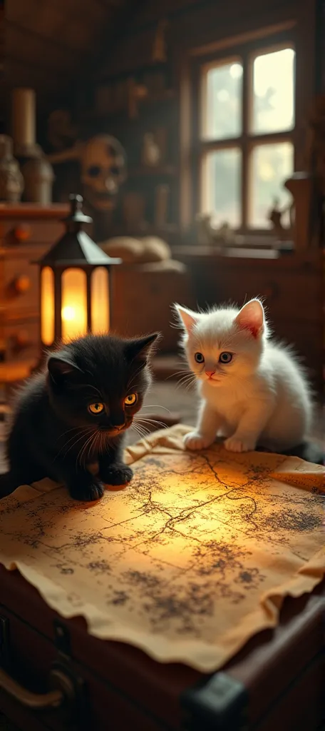 inside a cozy attic filled with old pirate-themed treasures, a black kitten and a white kitten discover an ancient, glowing trea...