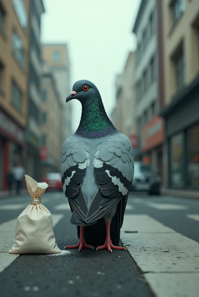  inside a pigeon in the middle of a city street with slightly red eyes and a very big butt, with a small half-open bag next to i...