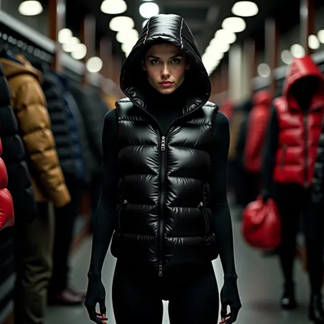 A highly detailed, realist photography, very glossy black tightfitting narrow padded puffer hoodedvest, tightly conforming to t...