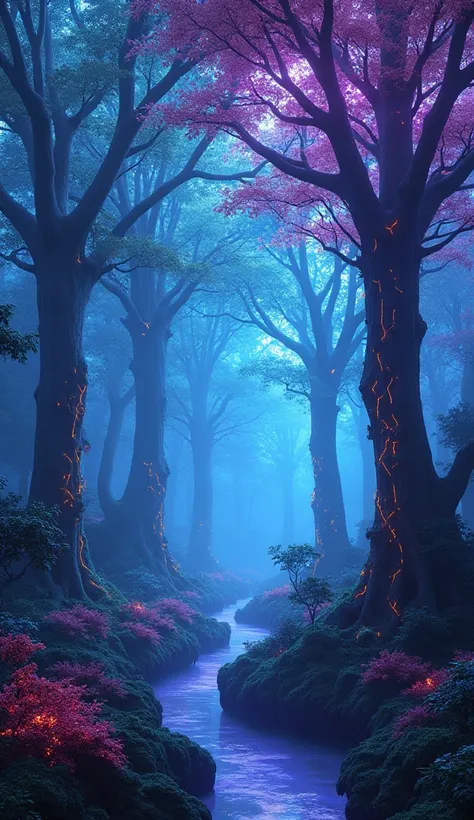 Neon Forest: A forest with glowing neon trees in blue, purple, and bright green, surrounded by luminous mist that creates a magi...