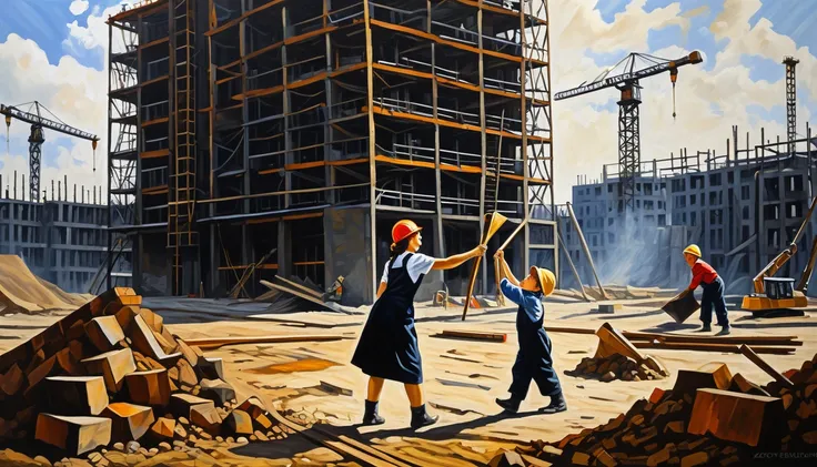 zoya cherkasskaya ＝ oil on canvas imitating nadi's painting style .,  soviet ren playing at a construction site,  high res,  hig...