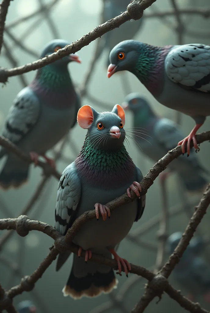 a hanging network shows a group of pigeons locked up and a mouse cutting the 3d network